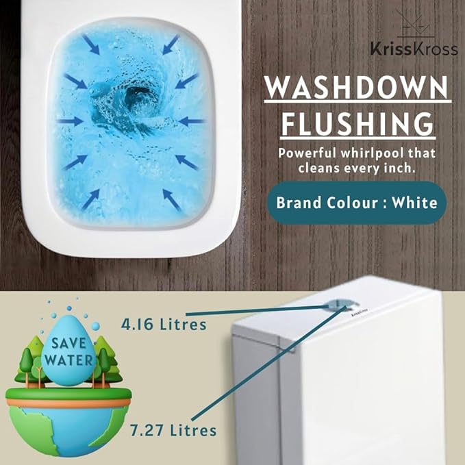 Image of KrissKross Premium One Piece Ceramic Western Floor Mounted Western Toilet /Commode /European Commode Square With Soft Close Seat Cover For Toilets S-Trap Outlet Is From Floor- White Color