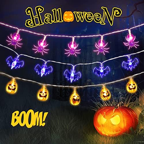 LinTimes Pumpkin Halloween Lights, 3 PCs Fairy Lights with Pumpkin Bats Spider Ornaments Battery Operated 60 LEDs String Lights for Halloween Party Home Garden Indoor Outdoor Decoration (3M*3)