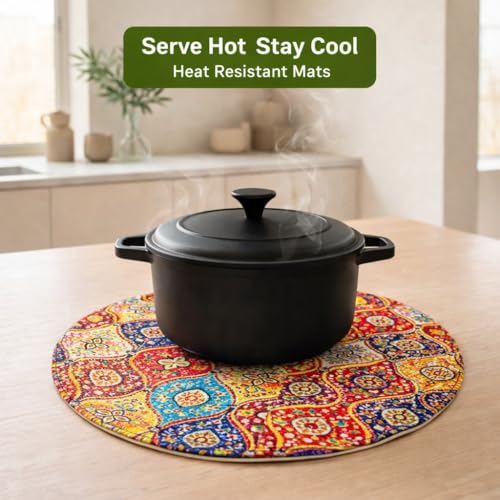 Image of Premium Round Cotton Dining Table Mats Set of 2 | Washable Heat Resistant Food Mat | Circular Dining Table Hot Plate Mats & Coaster for Hot Utensil (14-inch, Printed Mandala /Multicolour)