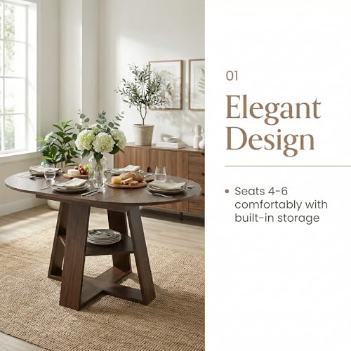 Image of 59 inch Extendable Round Dining Table for 4-8, Folding 59 inch to 43.3 inch Modern Kitchen Oval Dining Table with Removable Leaves Storage Shelf for Kitchen Living Room Walnut