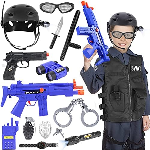 Tacobear SWAT Polizia Costume Bambino Polizia Accessori Gilet Polizia Manette Distintivo Walkie-Talkie Bastone Pistola Casco SWAT Polizia Giocattolo per Bambini Halloween Festa Carnevale Costumi