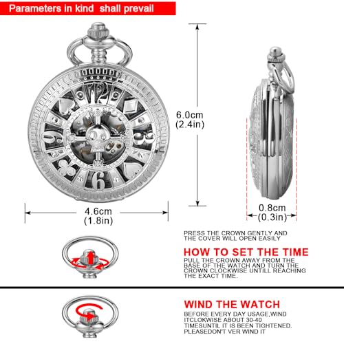 Image of Men's Mechanical Hollow Design Hand Wind Pocket Watch Roman Numerals Steampunk with Chain Box