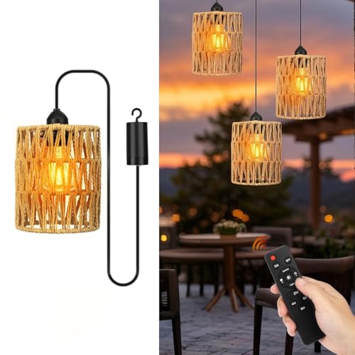 Image of 3Pcs Lightess Rattan Pendant Lights, Battery Operated Chandelier Indoor Outdoor Hanging Lights,Dimmable Battery Powered Portable Rattan Boho Lampshade IP44 with Remote Control Timer for Garden Balcony