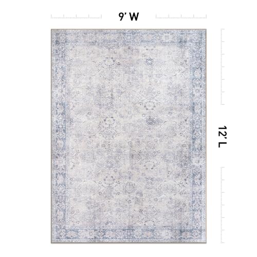 Rugshop Ocean/Blue Transitional Vintage Bordered Area Rug — Machine Washable, 9'x12' for Living Room, Dining Room and Bedroom
