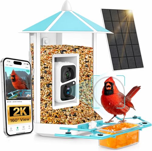 Bird Feeder with Camera - Metal Smart Feeder Solar Powered Outdoor | 2K Live Stream, AI Identify Auto Capture Videos, Weatherproof Heavy Duty Chewproof, Gifts for Mom Dad