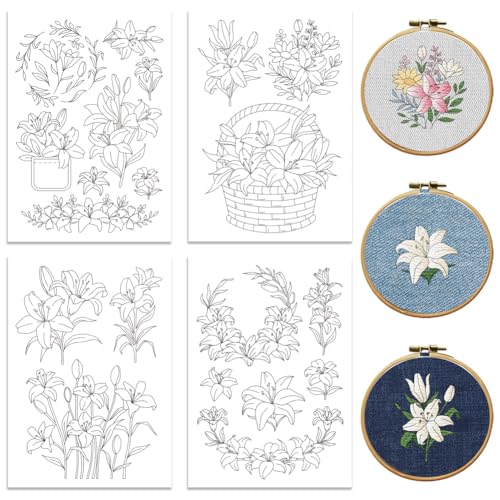 Image of Peacoblue Water Soluble Embroidery Patterns for Beginners, Lily Flowers 4 Sheets with 20pcs Wash Away Stick and Stitch Embroidery Pattern Stabilizer for Hand Sewing Lover Couple Women Adults