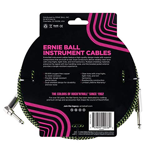 Image of Ernie Ball Braided Instrument Cable, Straight /Angle, 18ft, Neon Green /Black (P06082)