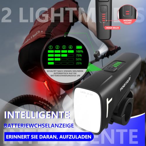 FORTRY Fahrradlicht Set StVZO,USB-C Aufladbar,IPX5 Wasserdicht (60 LUX)