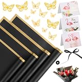 SACATR 20 Sheets Flower Wrapping Paper - Waterproof Floral Bouquet Wrapping Paper, Florist Supplies with 3D Gold Butterfly Decor, Greeting Cardsn(Black)