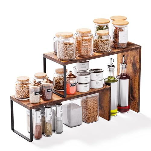 Vfelf Kitchen Countertop Organizer, Spice Rack Cabinet Organizer Shelf Stackable Counter Corner Shelves Organization and Storage for Pantry, Counter top, Coffee Station Wood Rustic Brown