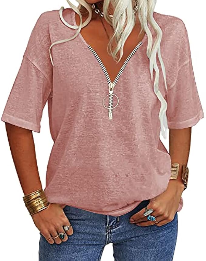 Danedvi Women Fashion V-Neck Half Sleeves Oversized T Shirt Solid Casual Loose Basic Tops