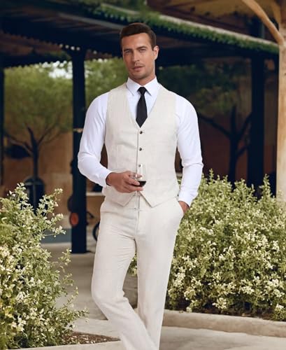 Casual Linen Beige Men's 2 Piece Suits Wedding Suits Slim Fit Groomsmen Tuxedos Prom Waistcoat Summer Linen Vest+Pant4