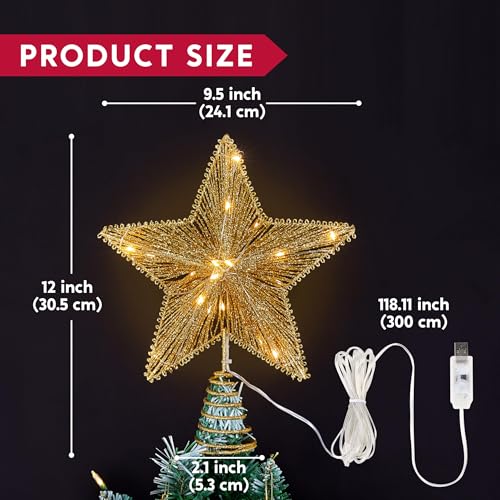 Joiedomi 9.5" Golden Christmas Star Tree Topper Radial Design, Metal Treetop Decorations with 20 LED Warm White, USB Powered Remote Control for Home Holiday Xmas Party Indoor Decor by Joiedomi - Image 4
