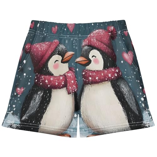 Girls Lounge Shorts Valentines Penguin Couple Print Athletic Pajama Sleepwear Soft Comfy Kids Summer Clothes, X-Small