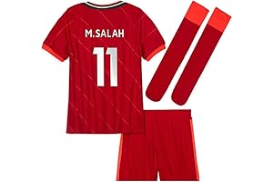Mohamed Salah Red Home 2022 Soccer Jersey, Shorts, and Socks Kit for Kids