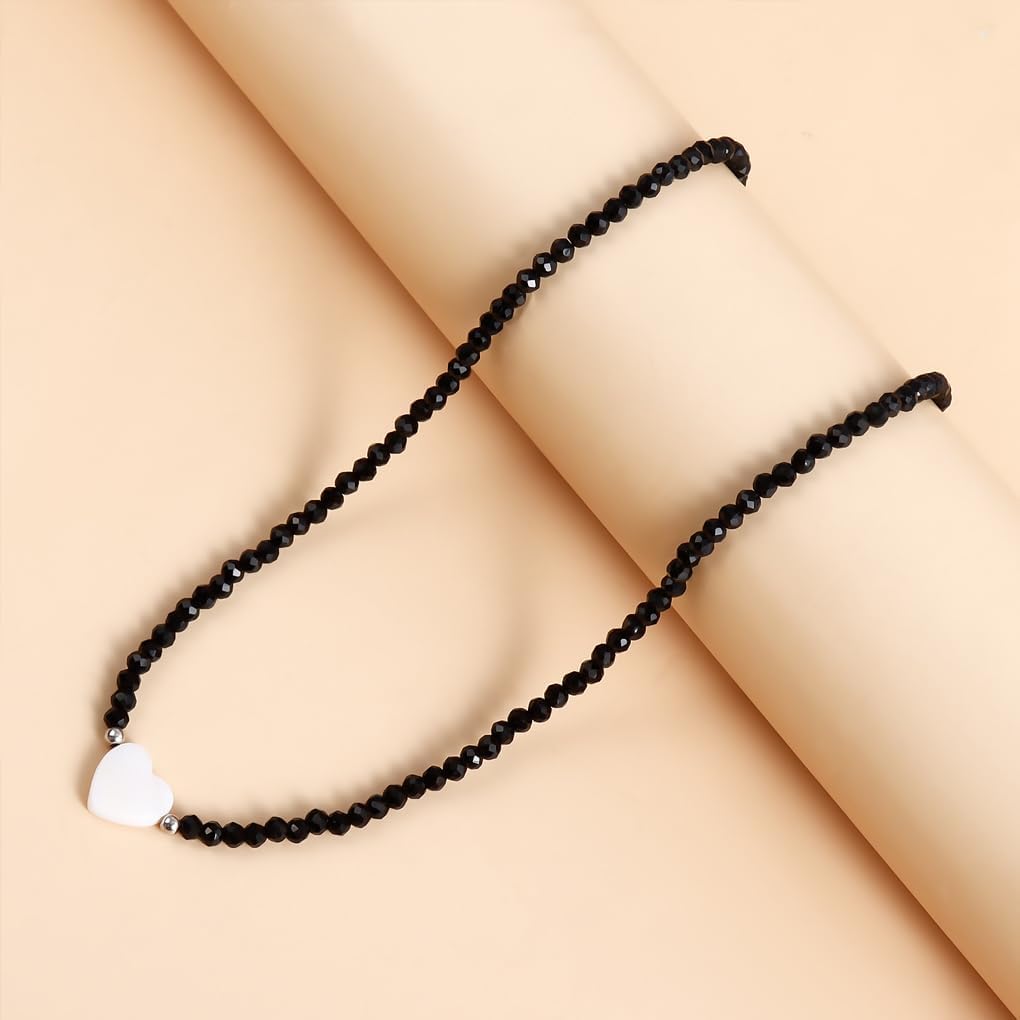 Baroque Pearl Black Bead Necklace, Dainty Spinel Heart Short Choker Necklace, Trendy Adjustable Cute Collarbone Jewelry Gift - Image 7