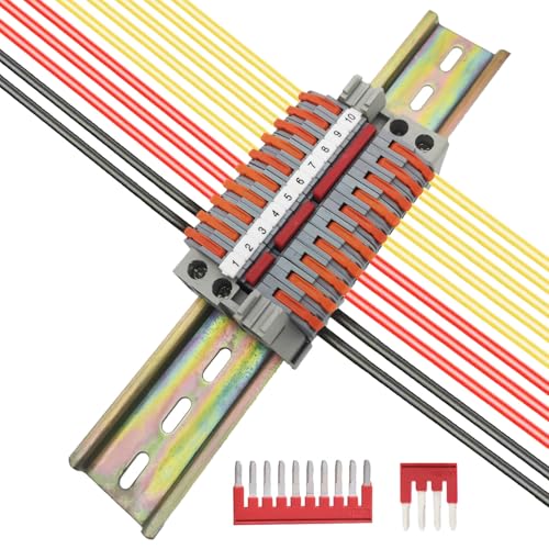 DIN Rail Connectors, CTRICALVER Universal Din Rail Terminal Block Kit, 10 pcs Orange Terminal Connectors with Marker Strips,Securing clipand, Guide Rail and Connection bar