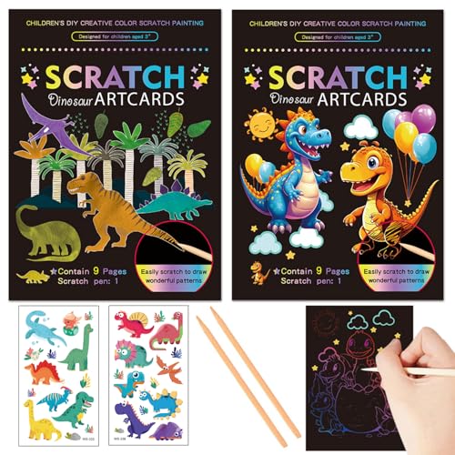 Georgie Porgy Juego de Imágenes para Rascar para Manualidades para niños Papel Mágico Cuaderno de Notas Navidad Regalo de Cumpleaños para Niños y Niñas (Dinosaurios 2 Sets)