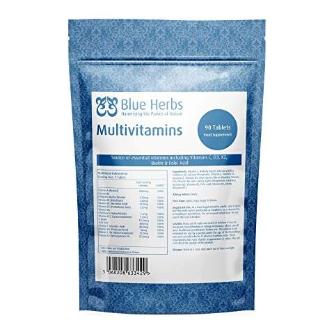 Blue Herbs Multivitamins | 90 Tablets (Up to 3 Month Supply) | 13 Multivitamins Including Vitamin B1, C, D3, Biotin & Folic Acid | Made in The UK Cover
