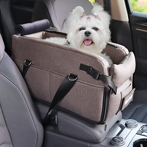 WOYYHO-Dog-Car-Seat-for-Small-Dog-Console-Dog-Car-Seat-Pet-Booster-Seat-for-Car-Waterproof-Puppy-Car-Seat-for-Small-Dogs-Up-to-8lbs-Small-Brown