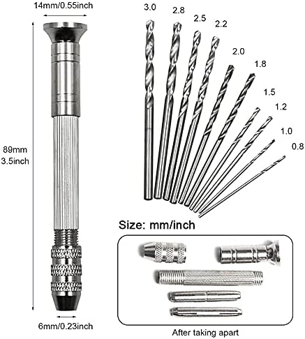 Zhongtou Pin Vise Hand Drills Set Resin Drill Vice with 10pcs Micro Twist Drill Bits 0.8-3mm Precision Mini Hand Drill for Crafts Moulds Wood Keychain Jewelry Making DIY Tool