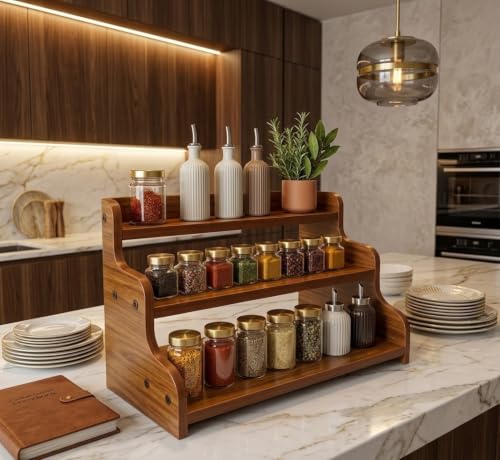 Image of 3-Tier Spice Rack, 13.8 Inch Wood Spice Bottles, Jars, Seasonings, Baking Supplies, Shelf Countertop Spice Storage Holder, Kitchen Pantry Cabinet Organizer Cupboard