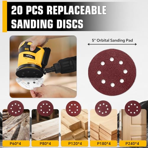 Cordless Random Orbital Sander for Dewalt 20V Battery，5" Electric Palm Sander with Dust Collector,11000RPM 3 Variable Speeds,20 Pcs Sandpaper For Woodworking,Sanding & Polishing (No Battery) thumbnail 5