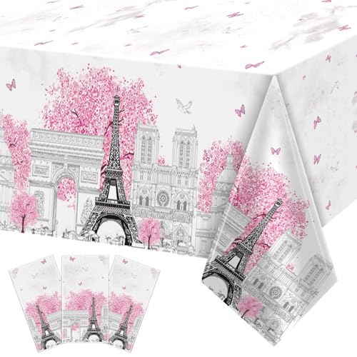 ZOIIWA 3 Pieces Paris Eiffel Tower Tablecloths Pink Paris Theme Eiffel Tower Plastic Disposable Rectangle Table Covers for Baby Shower Wedding Girl Birthday Party Favors Decorations Supplies by ZOIIWA - Used condition - US$7.14