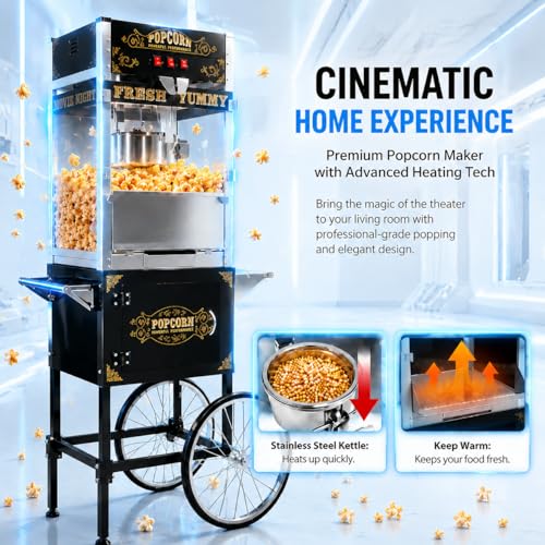 Image of Commercial Popcorn Machine with Cart - 32OZ Kettle Popcorn Makers With Heating Stainless Steel Kettle 3-Switch Control for Corporate, School, Business, Institutional, Theater, Carnival, Church, Black