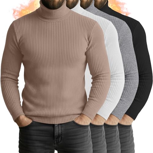 4 Pack Men's Turtleneck Long Sleeve Shirts Cotton Ribbed Sweater Mock Neck Pullover Casual Tops Slim Fit Layer