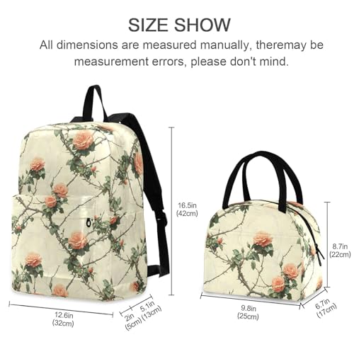 Backpack Lunch Box Set Large Capacity Travel Backpacks and Insulated Lunch Bag for Commute Hiking Picnic Vintage Roses Print2