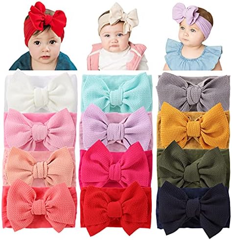 Cinaci 12 Pack Oversized Colorful Solid Stretchy Nylon Headbands with Big Bow Large Knot Hair Bows Soft Elastic Hair Bands Hair Accessories Wide Headwraps for Newborn Baby Girls Infants Toddlers Kids