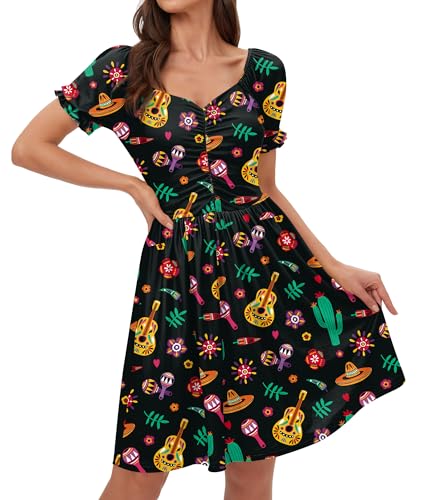 Women Cinco De Mayo Dress Summer Short Sleeve Sweetheart Neckline Mexican Fiesta 1950s Swing Mini Dress Yellow Mexican S