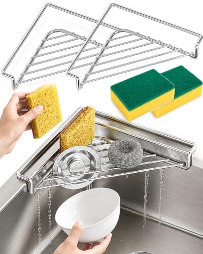 Stainless Steel Corner Sink Shelf with Triangular Open Wire Rack,2Sets