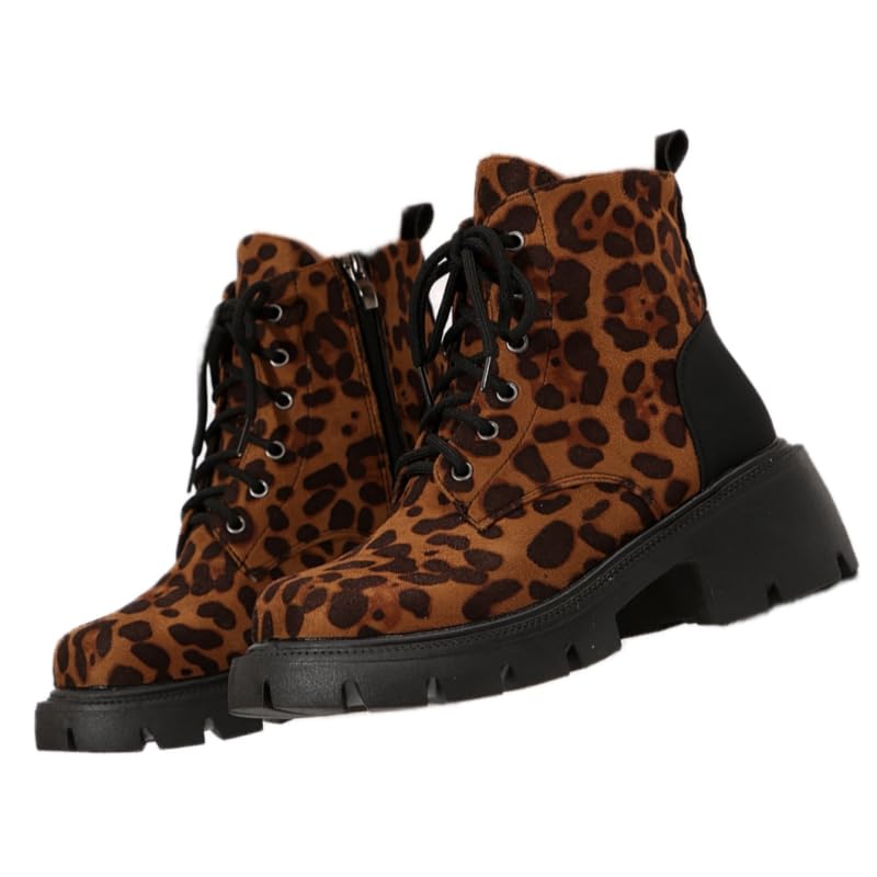 Womens Large Size Chunky Platform Ankle Boots - Round-Toe Leopard Print Lace-Up Style for Autumn Winter Fashion
