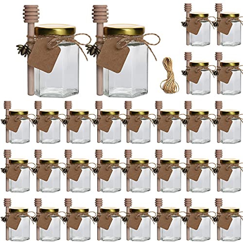 Hexagon Glass Jars, Woaiwo-q 4 oz 30 Pcs Hexagon Glass Honey Jars with Golden Lids,Wooden Honey Sticks,Bronzy Bee Pendants,Small Tags,15m Jute Twine -Glass Jars for Honey,Foods,Jam