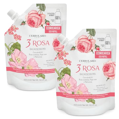 2x L' Erbolario - Bagnoschiuma 3 Rosa - EcoRicarica da 500 ml - 2 confezioni risparmio da 500 ml l'una - Confezione Risparmio ed Ecologica