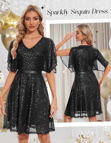Wedtrend Women's Sparkly Sequin Dress Bat Sleeves Cocktail Dress Glitter Club Dress2