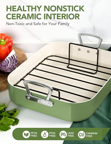 MICHELANGELO Roasting Pan with Rack, Non Stick Ceramic Roasting Pan for Oven and Induction, Turkey Roaster Pan with Stainless Steel Rack, 15 Inch x 13 Inch (38cm x 33cm x 7.6cm) - Green - Image 5