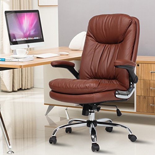 YAMASORO Ergonomic High Back Executive Office Chair Brown,Leather Office Desk Chairs, Computer Gaming Chair with Flip up Arm Rests Big Tall for Heavy People 300 lb Weight Capacity - Thumbnail 5