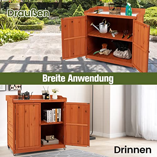 COSTWAY Gartenschrank Holz, Lagerschrank Garten, Holzschrank mit herausnehmbarem Regal, Stahl-Platte, Geräteschrank auf Rollen, Gerätehaus Geräteschuppen, Schuppen Schrank, 98,5x48x100cm – Bild 8