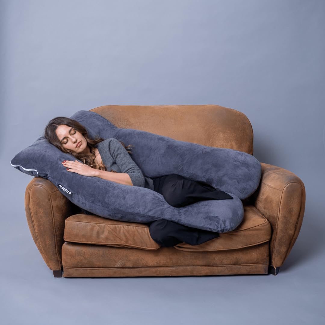 Chillow Coussin Ergonomique pour l'ensemble Corps - Coussin Maternité et Coussin Grossesse pour Dormir, Coussin en Forme de U, Soutien pour Le Dos, Les Hanches, Les Jambes, Le Ventre (Gris (Velours))