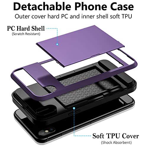 Vofolen For Iphone Xs Max Case Wallet Cover With Screen Protector Sliding Door Hidden Pocket,Transparent Ring Stand Protective Hard Shell Rugged Tpu Bumper Armor Case For Iphone Xs Max Greypurple #TOP1