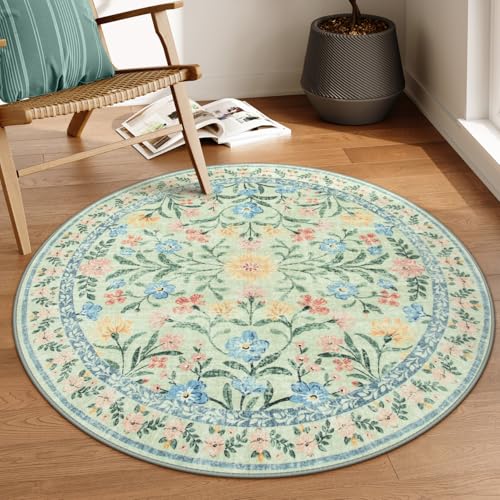 Lahome Sage Green Round Rug for Bedroom 4ft, Washable Small Kids Circle Rug