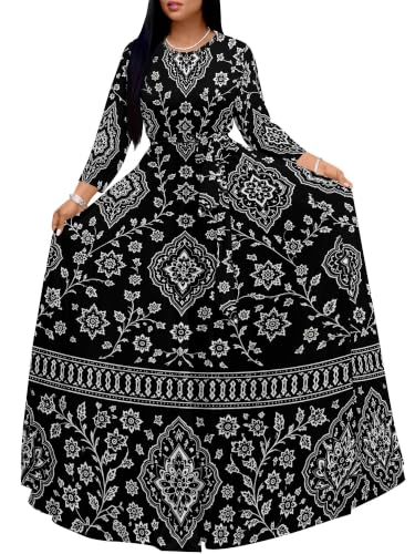 Image of Women Plus Size Long Sleeve V Neck Maxi Dress with Belt | Soft fabric relaxed fit three quarter sleeve v neck with pockets for party and daily wear