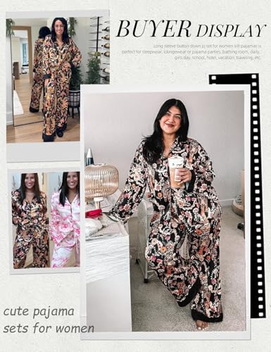 Image of Arssm Satin Pajama Set for Women Silk Pajamas Set 2 Piece Floral Pj Set Long Sleeve Button Down Pjs Sleepwear