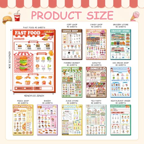 Image of Eaasty 12 Pack Kids Pretend Play Notepads 4x12 Inch,Food | 6 Career Themes Dental Police Vet Makeup Restaurant, 40 Pages per Notepad for Toddlers Imaginative Activity and Learning