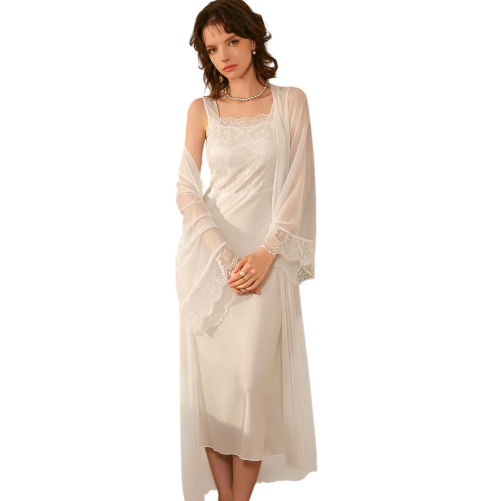 Robe De Chambre Femme Ensemble 2 Pièces pour Femme : Nuisette Sexy en Dentelle Et Satin Et Robe De Chambre Transparente en Maille.