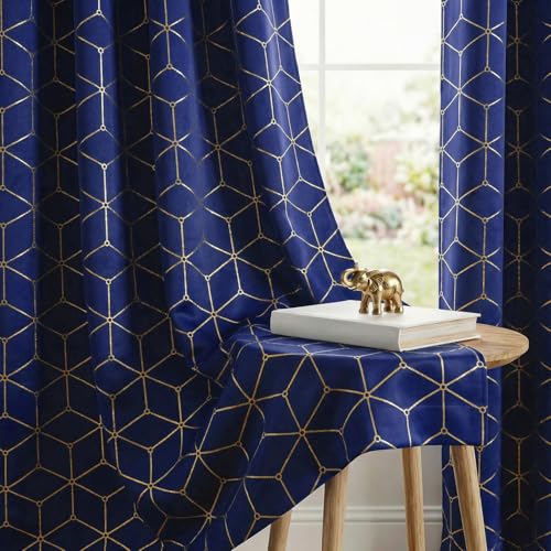 Image of Urban Space 80-85% True Blackout Curtains for Door, Gold Foil Printed Blackout Curtains, Blackout Decorative Door Curtain Eyelet with Tieback, 1 Piece Curtain for Living Room(Hex Navy Blue, 7 Feet)