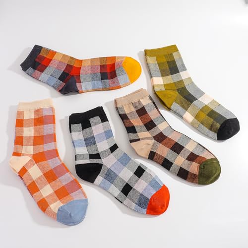 5 Pairs of Plaid Mid-Calf Socks, Unisex Crew Sock in Multiple Colors, Breathable Casual Fashion Lattice Pattern Socks for Men and Women3